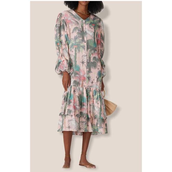 LoboRosa Pink Floral Puff Sleeve Palms Button Front Up Dress Size Large - Picture 1 of 16